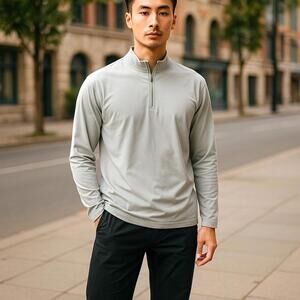 Antigua Men’s Large Long Sleeve 1/4 Zip Stretch Pullover in Light Stone Gray New